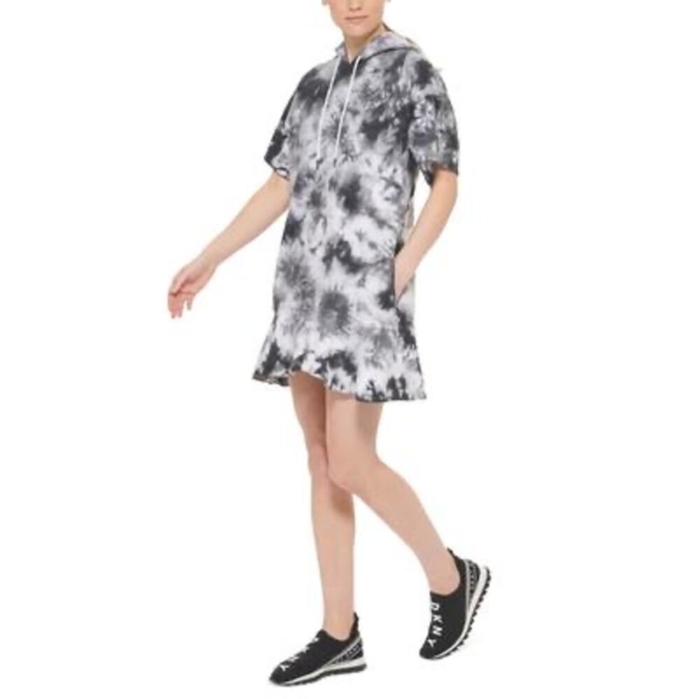 DKNY Sport Black Tie-Dyed Short-Sleeve Flounce Dress Size L